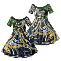 South Sea Islanders And Vanuatu Family Matching Short Sleeve Bodycon Dress and Hawaiian Shirt Boar Tusk Warrior Southern Tribal Pattern DT05 Daughter's Dress Black - Polynesian Pride