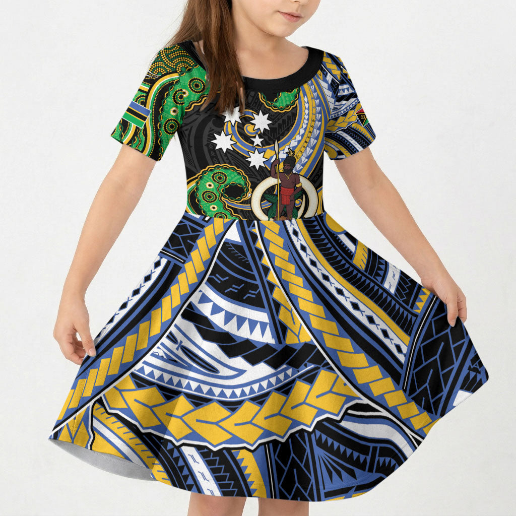South Sea Islanders And Vanuatu Kid Short Sleeve Dress Boar Tusk Warrior Southern Tribal Pattern DT05 KID Black - Polynesian Pride