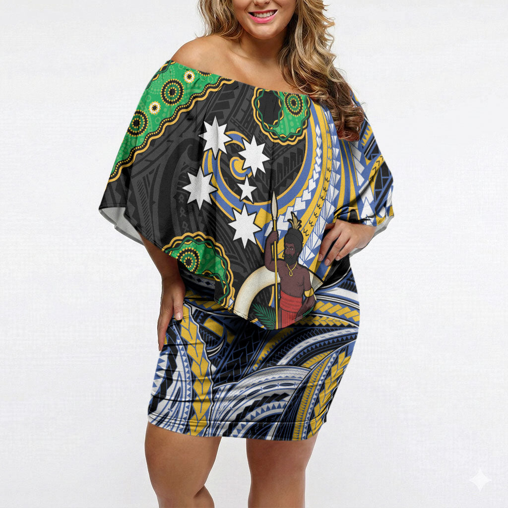 South Sea Islanders And Vanuatu Off Shoulder Short Dress Boar Tusk Warrior Southern Tribal Pattern DT05 Women Black - Polynesian Pride