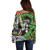 South Sea Islanders And Vanuatu Off Shoulder Sweater Boar Tusk Warrior Southern Tribal Pattern DT05 - Polynesian Pride