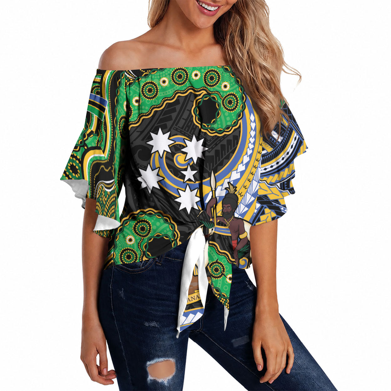 South Sea Islanders And Vanuatu Off Shoulder Wrap Waist Top Boar Tusk Warrior Southern Tribal Pattern DT05 Black - Polynesian Pride