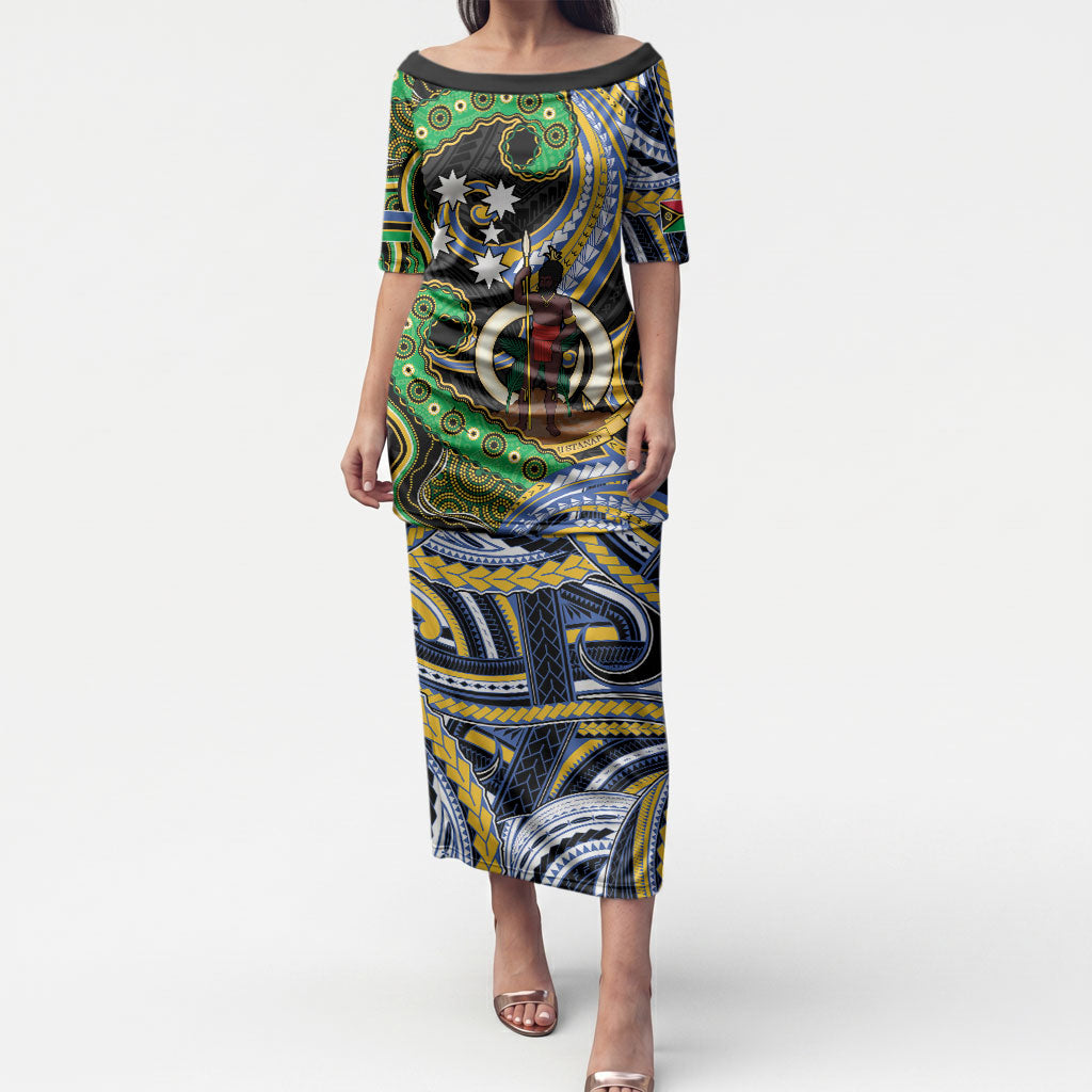 South Sea Islanders And Vanuatu Puletasi Boar Tusk Warrior Southern Tribal Pattern DT05 Long Dress Black - Polynesian Pride