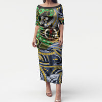 South Sea Islanders And Vanuatu Puletasi Boar Tusk Warrior Southern Tribal Pattern DT05 Long Dress Black - Polynesian Pride