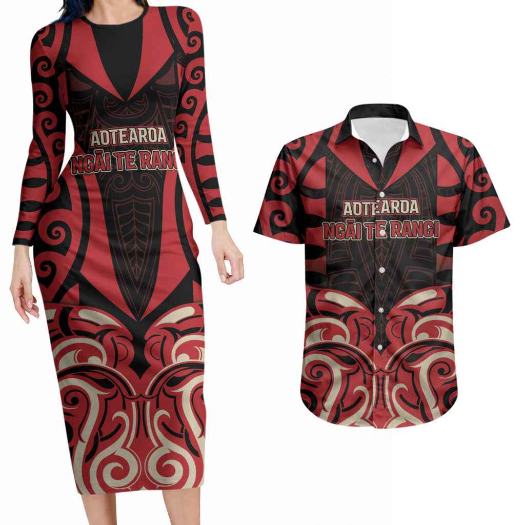 Custom Aotearoa Ngai Te Rangi Couples Matching Long Sleeve Bodycon Dress and Hawaiian Shirt New Zealand Traditional Maori Pattern DT05 Red - Polynesian Pride
