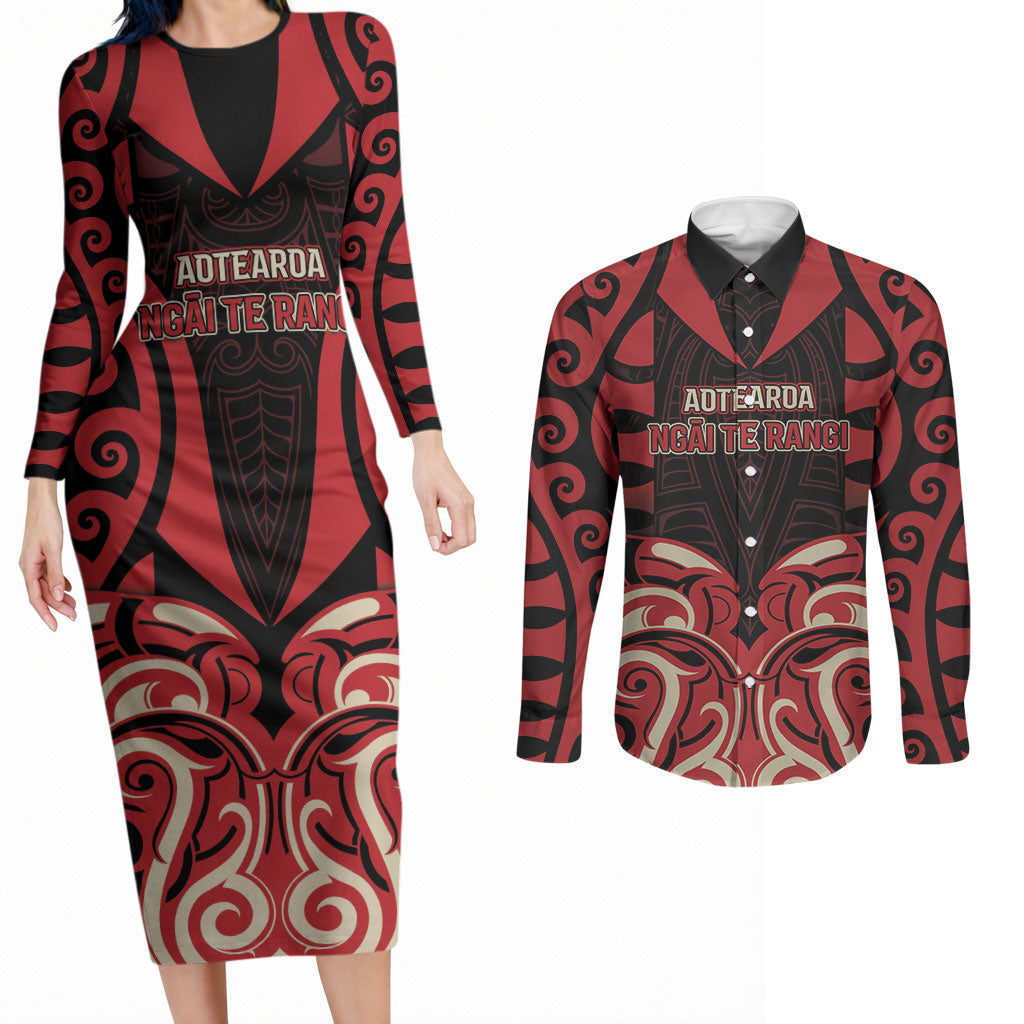 Custom Aotearoa Ngai Te Rangi Couples Matching Long Sleeve Bodycon Dress and Long Sleeve Button Shirt New Zealand Traditional Maori Pattern DT05 Red - Polynesian Pride
