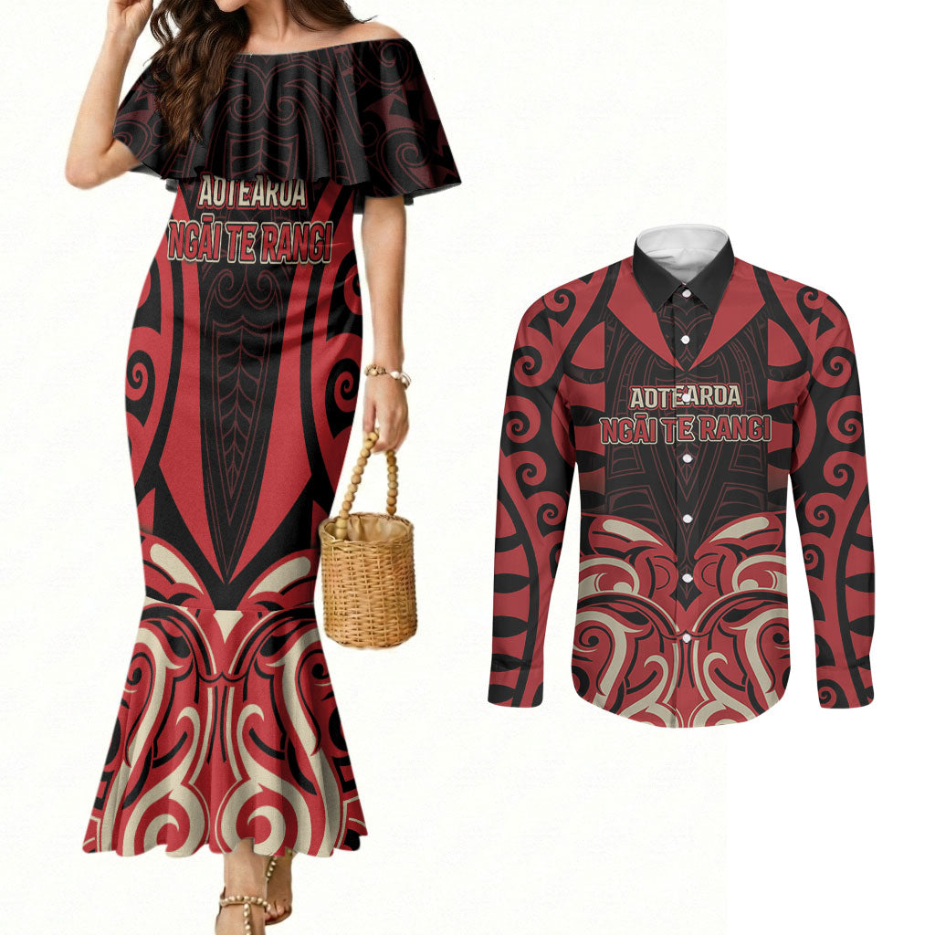 Custom Aotearoa Ngai Te Rangi Couples Matching Mermaid Dress and Long Sleeve Button Shirt New Zealand Traditional Maori Pattern DT05 Red - Polynesian Pride