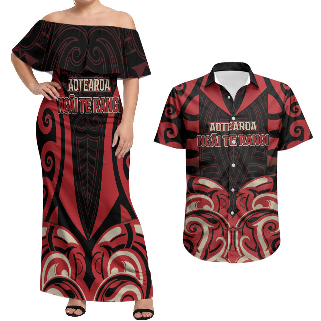 Custom Aotearoa Ngai Te Rangi Couples Matching Off Shoulder Maxi Dress and Hawaiian Shirt New Zealand Traditional Maori Pattern DT05 Red - Polynesian Pride