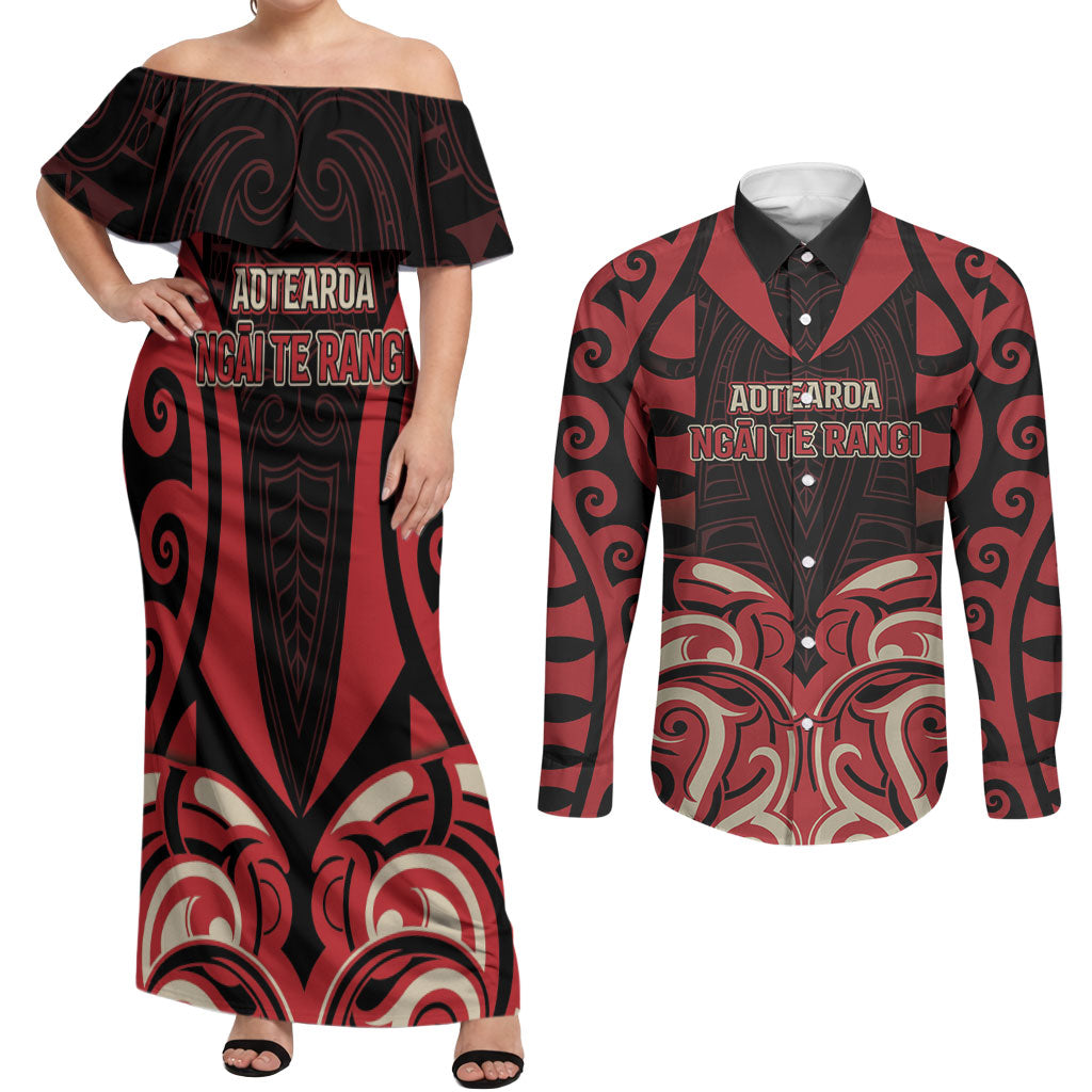 Custom Aotearoa Ngai Te Rangi Couples Matching Off Shoulder Maxi Dress and Long Sleeve Button Shirt New Zealand Traditional Maori Pattern DT05 Red - Polynesian Pride