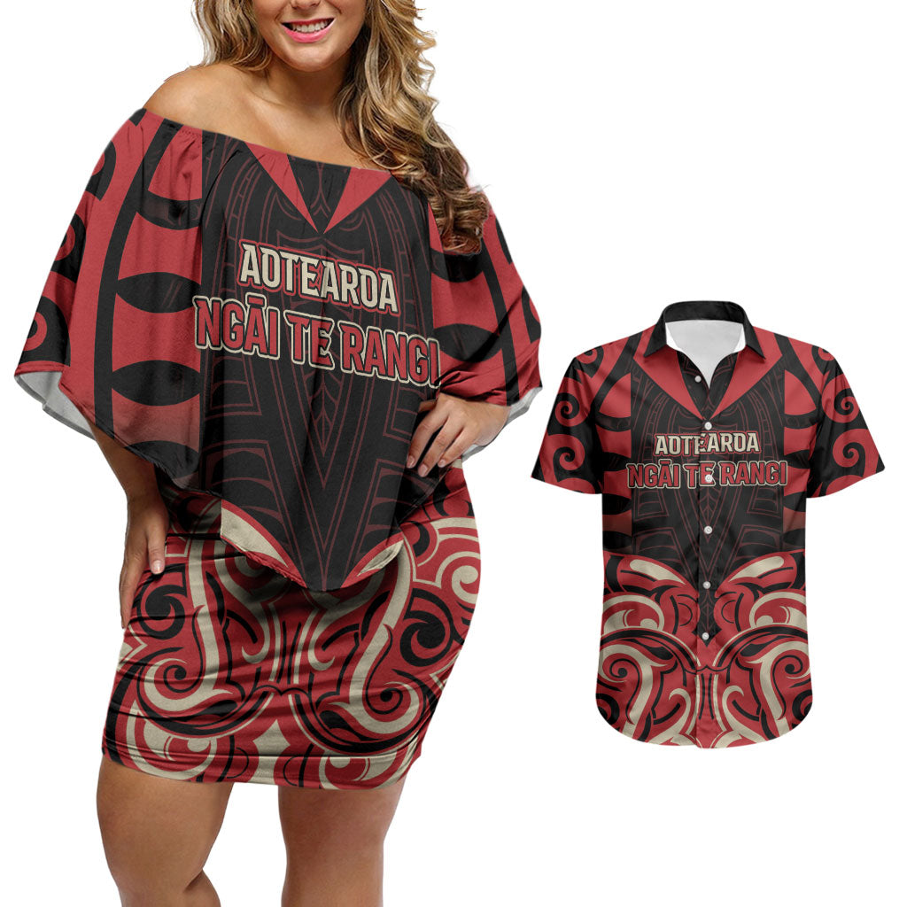 Custom Aotearoa Ngai Te Rangi Couples Matching Off Shoulder Short Dress and Hawaiian Shirt New Zealand Traditional Maori Pattern DT05 Red - Polynesian Pride
