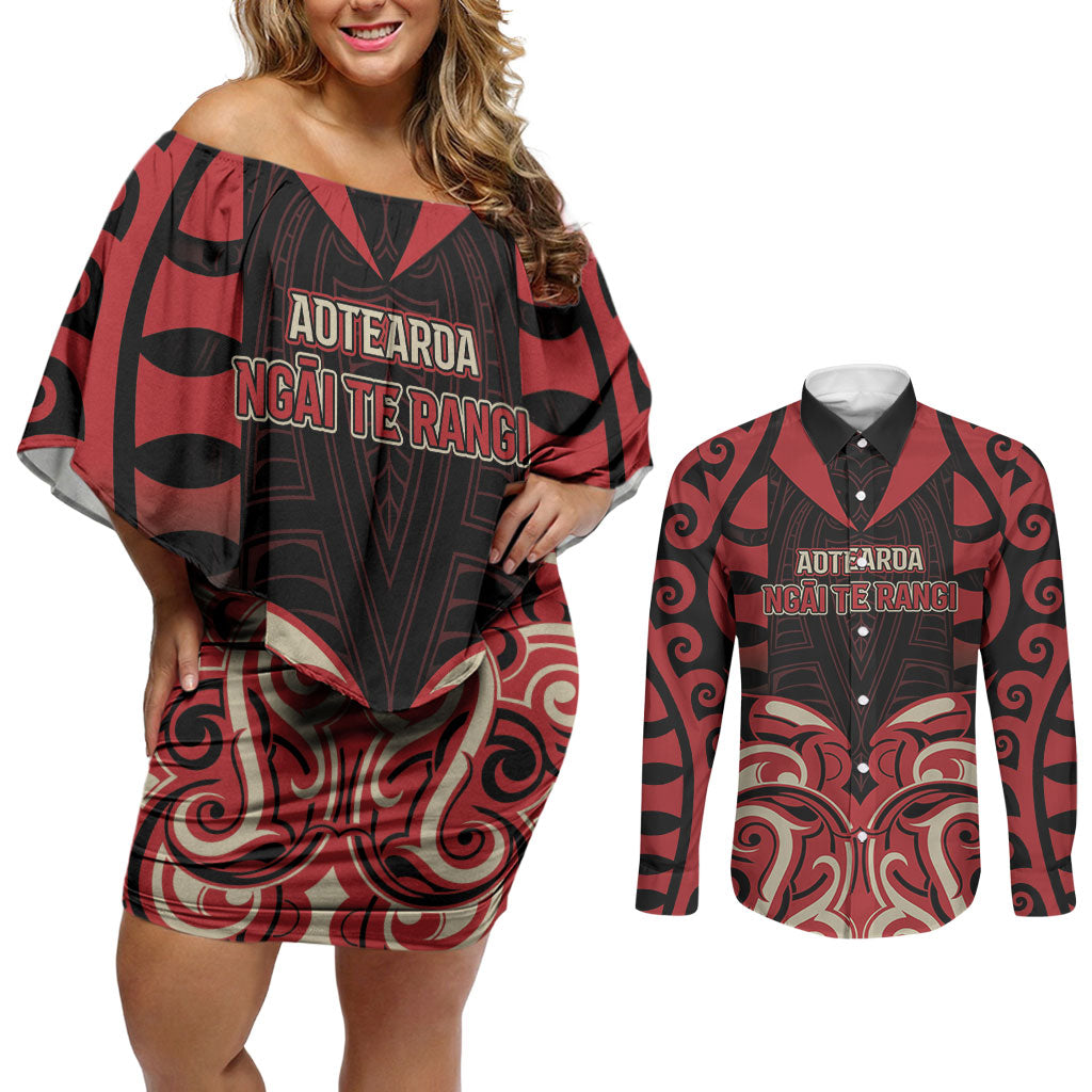 Custom Aotearoa Ngai Te Rangi Couples Matching Off Shoulder Short Dress and Long Sleeve Button Shirt New Zealand Traditional Maori Pattern DT05 Red - Polynesian Pride