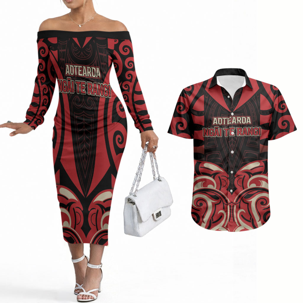 Custom Aotearoa Ngai Te Rangi Couples Matching Off The Shoulder Long Sleeve Dress and Hawaiian Shirt New Zealand Traditional Maori Pattern DT05 Red - Polynesian Pride
