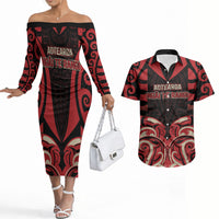 Custom Aotearoa Ngai Te Rangi Couples Matching Off The Shoulder Long Sleeve Dress and Hawaiian Shirt New Zealand Traditional Maori Pattern DT05 Red - Polynesian Pride
