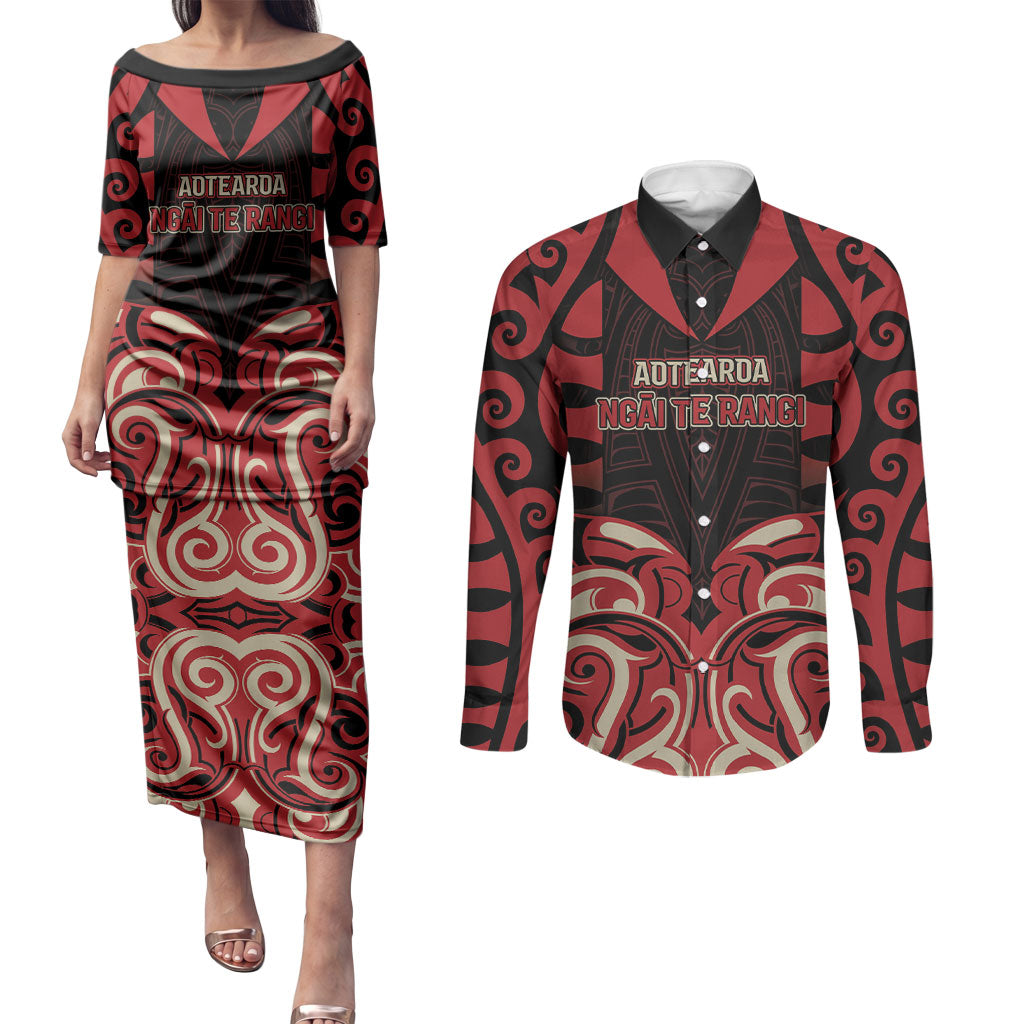 Custom Aotearoa Ngai Te Rangi Couples Matching Puletasi and Long Sleeve Button Shirt New Zealand Traditional Maori Pattern DT05 Red - Polynesian Pride