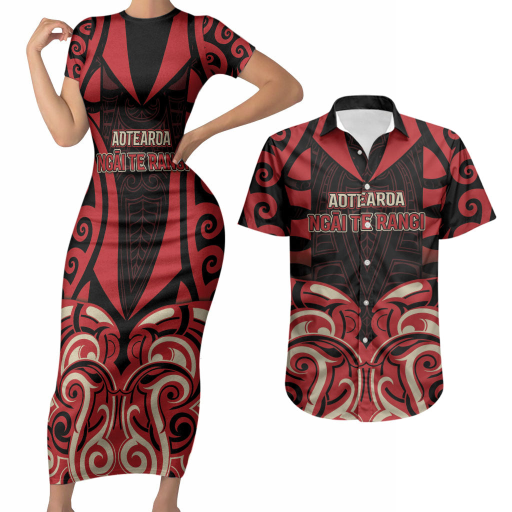 Custom Aotearoa Ngai Te Rangi Couples Matching Short Sleeve Bodycon Dress and Hawaiian Shirt New Zealand Traditional Maori Pattern DT05 Red - Polynesian Pride