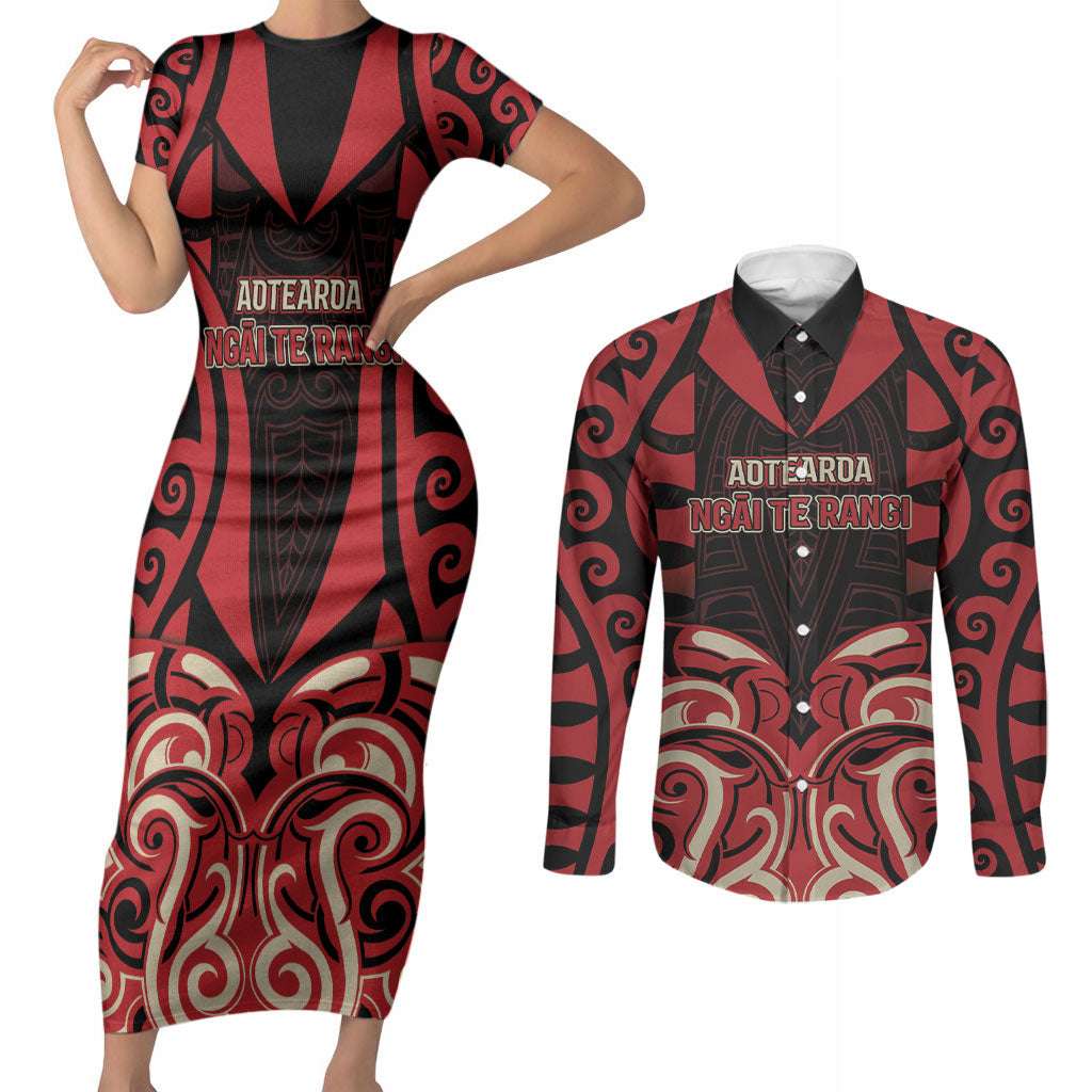 Custom Aotearoa Ngai Te Rangi Couples Matching Short Sleeve Bodycon Dress and Long Sleeve Button Shirt New Zealand Traditional Maori Pattern DT05 Red - Polynesian Pride