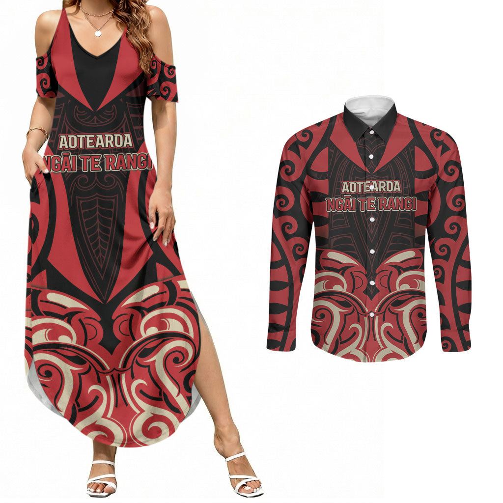 Custom Aotearoa Ngai Te Rangi Couples Matching Summer Maxi Dress and Long Sleeve Button Shirt New Zealand Traditional Maori Pattern DT05 Red - Polynesian Pride