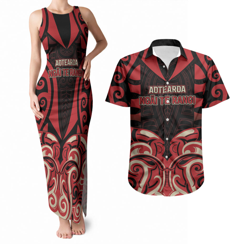 Custom Aotearoa Ngai Te Rangi Couples Matching Tank Maxi Dress and Hawaiian Shirt New Zealand Traditional Maori Pattern DT05 Red - Polynesian Pride