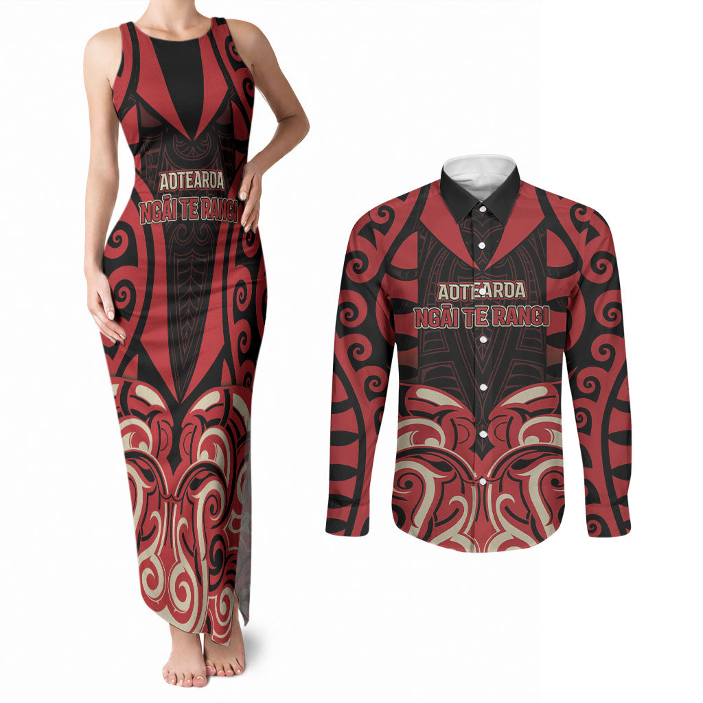 Custom Aotearoa Ngai Te Rangi Couples Matching Tank Maxi Dress and Long Sleeve Button Shirt New Zealand Traditional Maori Pattern DT05 Red - Polynesian Pride