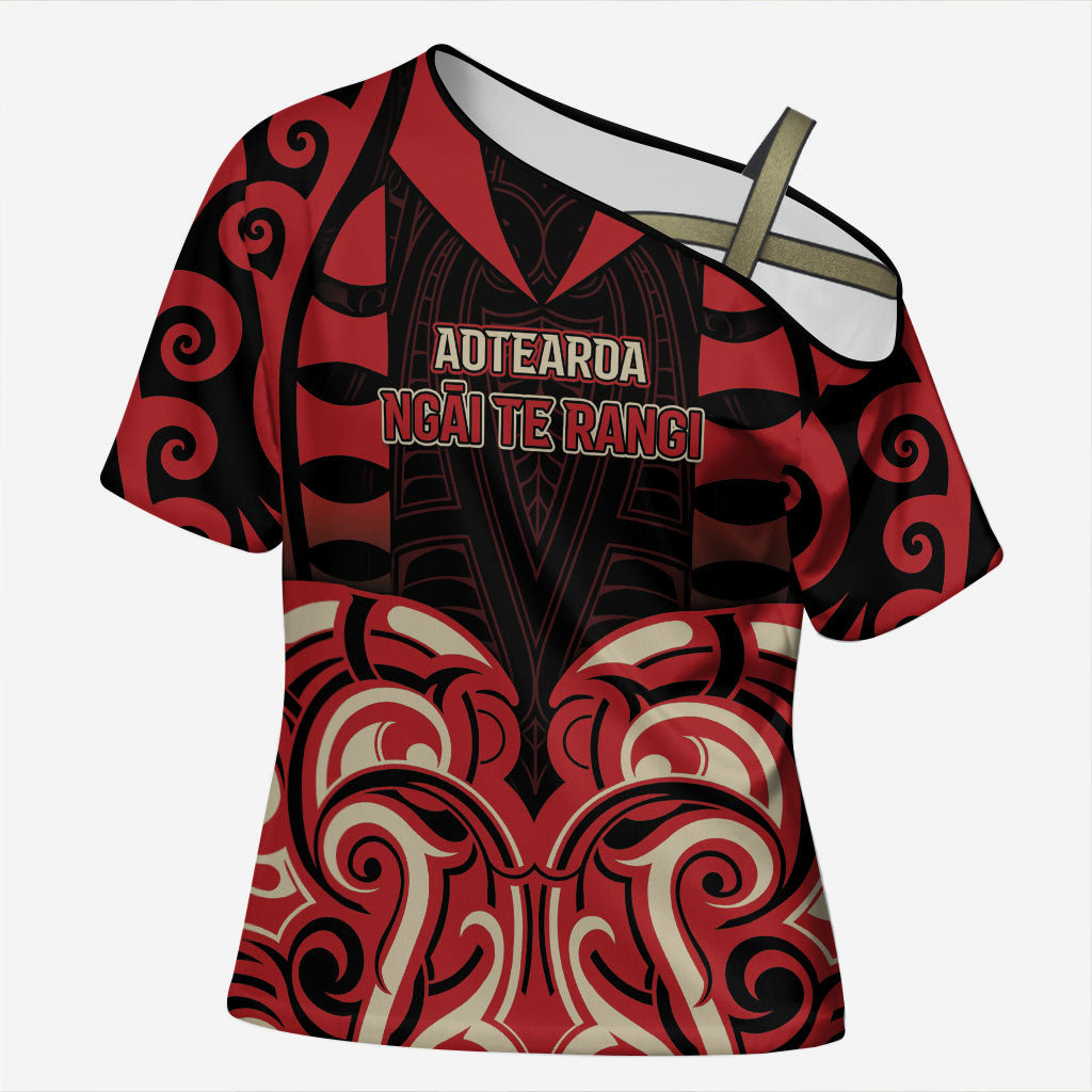 Custom Aotearoa Ngai Te Rangi Cross Shoulder Shirt New Zealand Traditional Maori Pattern DT05 Female Red - Polynesian Pride