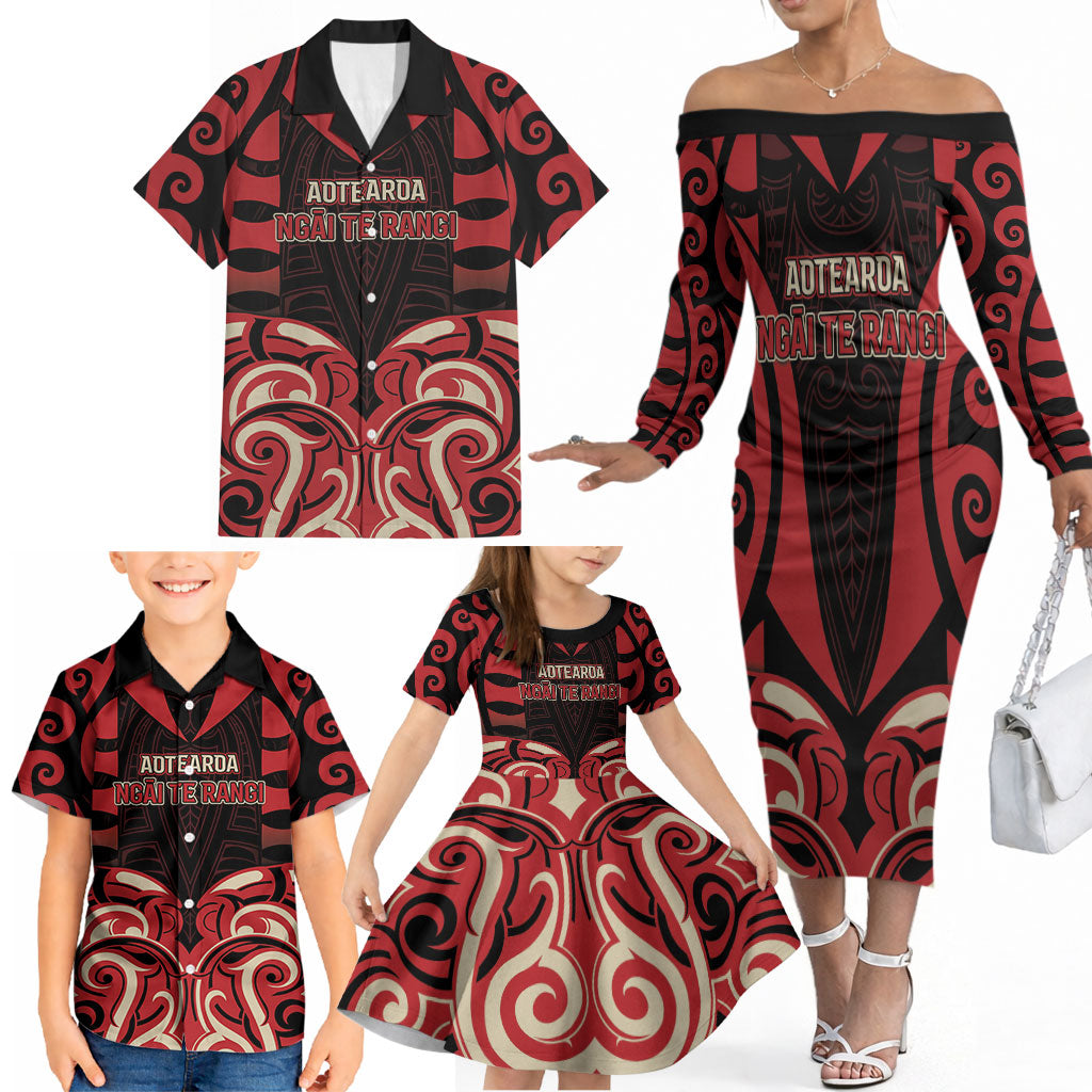 Custom Aotearoa Ngai Te Rangi Family Matching Off The Shoulder Long Sleeve Dress and Hawaiian Shirt New Zealand Traditional Maori Pattern DT05 - Polynesian Pride