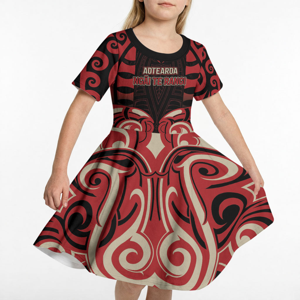 Custom Aotearoa Ngai Te Rangi Kid Short Sleeve Dress New Zealand Traditional Maori Pattern DT05 - Polynesian Pride