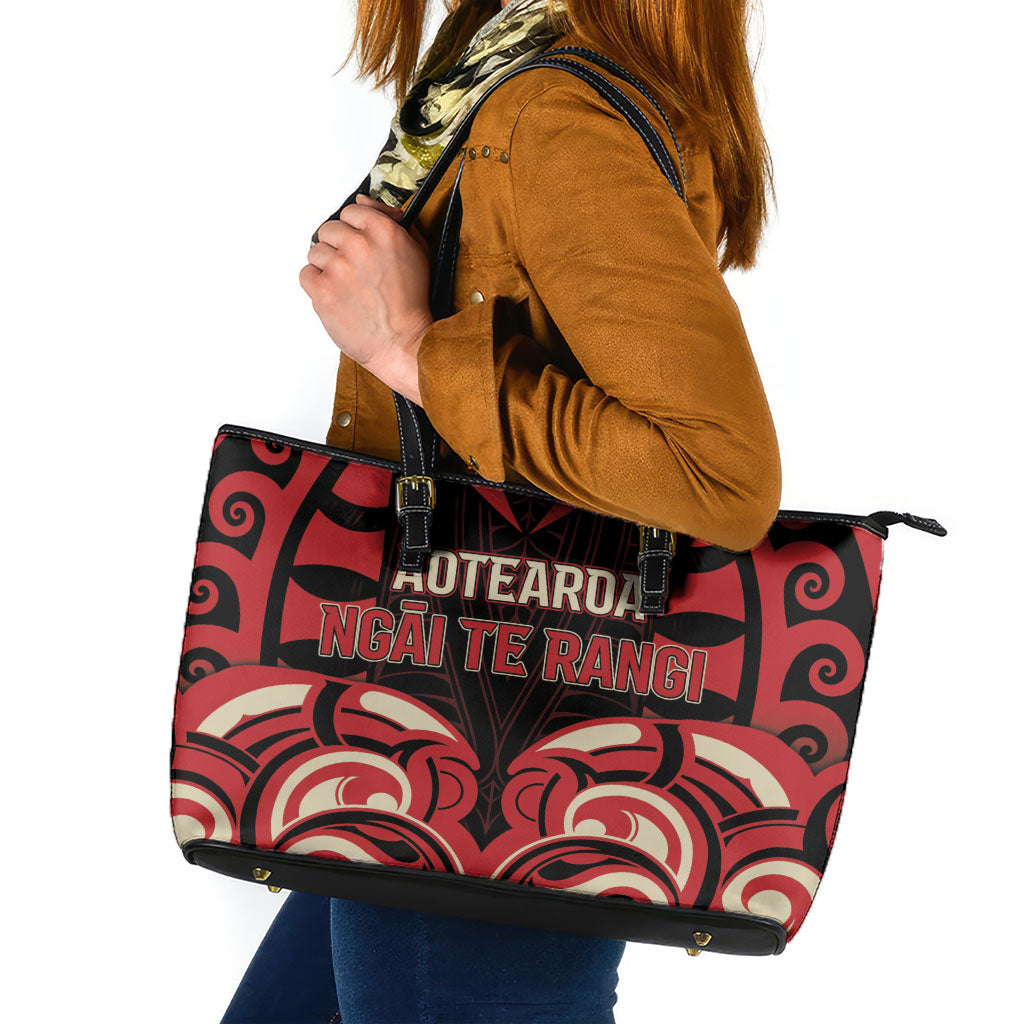Aotearoa Ngai Te Rangi Leather Tote Bag New Zealand Traditional Maori Pattern DT05 Red - Polynesian Pride