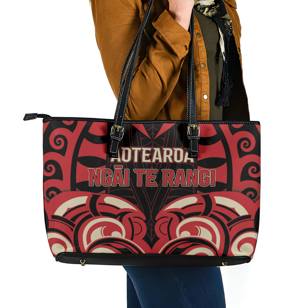 Aotearoa Ngai Te Rangi Leather Tote Bag New Zealand Traditional Maori Pattern DT05 - Polynesian Pride