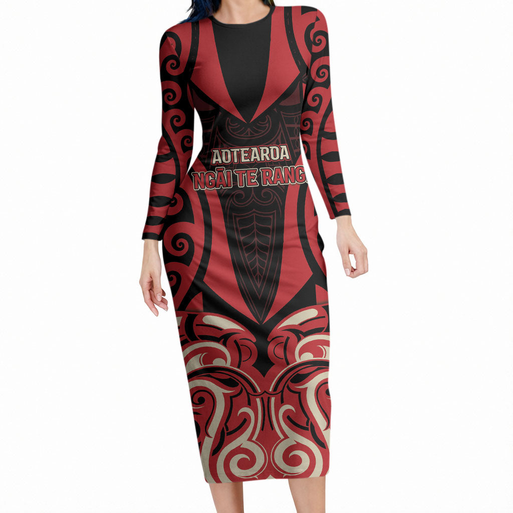 Custom Aotearoa Ngai Te Rangi Long Sleeve Bodycon Dress New Zealand Traditional Maori Pattern DT05 Long Dress Red - Polynesian Pride