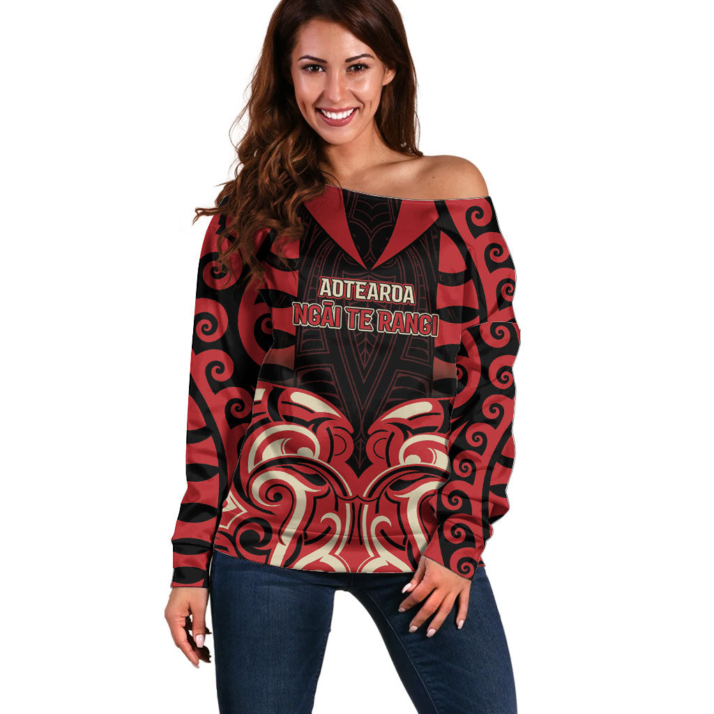 Custom Aotearoa Ngai Te Rangi Off Shoulder Sweater New Zealand Traditional Maori Pattern DT05 Women Red - Polynesian Pride