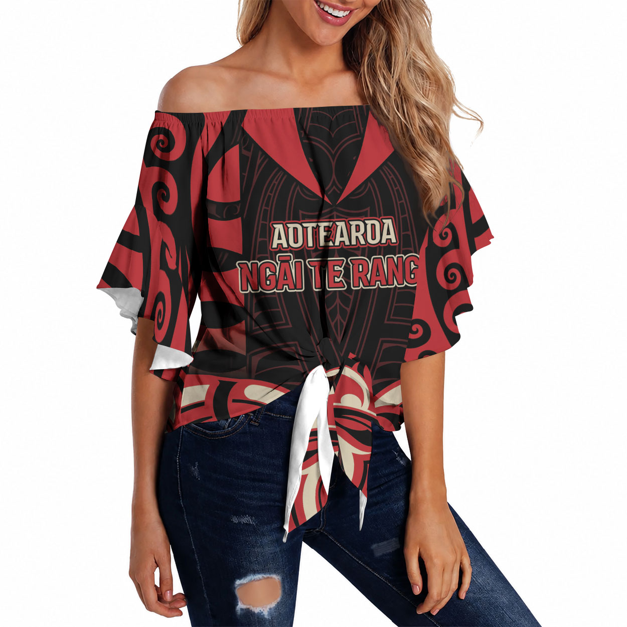 Custom Aotearoa Ngai Te Rangi Off Shoulder Wrap Waist Top New Zealand Traditional Maori Pattern DT05 Red - Polynesian Pride