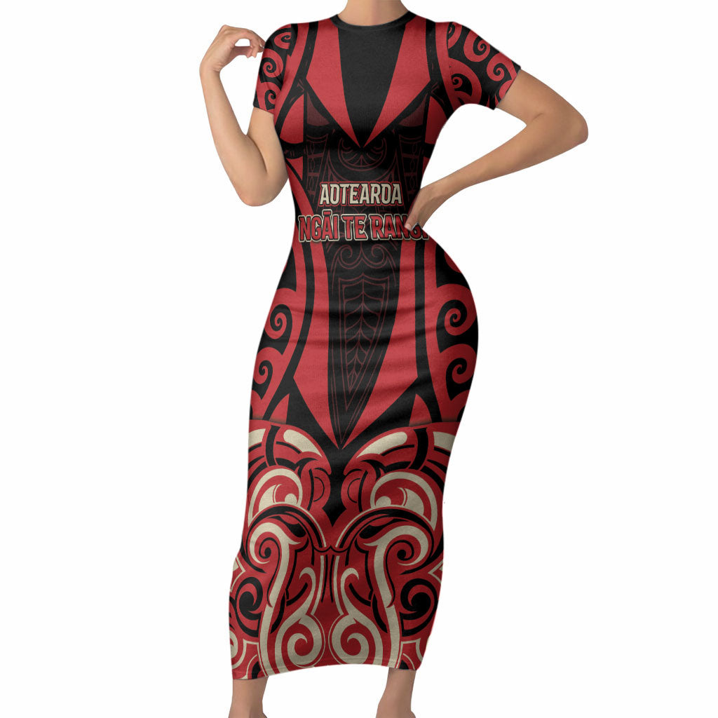 Custom Aotearoa Ngai Te Rangi Short Sleeve Bodycon Dress New Zealand Traditional Maori Pattern DT05 Long Dress Red - Polynesian Pride