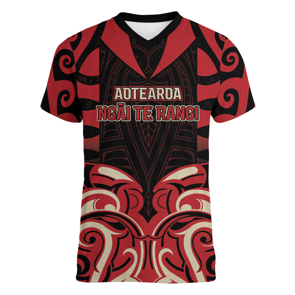 Custom Aotearoa Ngai Te Rangi Women V-Neck T-Shirt New Zealand Traditional Maori Pattern DT05 Female Red - Polynesian Pride