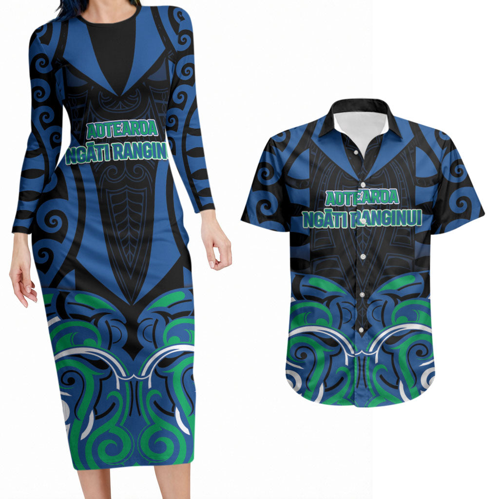 Custom Aotearoa Ngati Ranginui Couples Matching Long Sleeve Bodycon Dress and Hawaiian Shirt New Zealand Traditional Maori Pattern DT05 Navy - Polynesian Pride