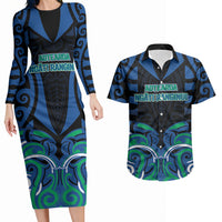 Custom Aotearoa Ngati Ranginui Couples Matching Long Sleeve Bodycon Dress and Hawaiian Shirt New Zealand Traditional Maori Pattern DT05 Navy - Polynesian Pride