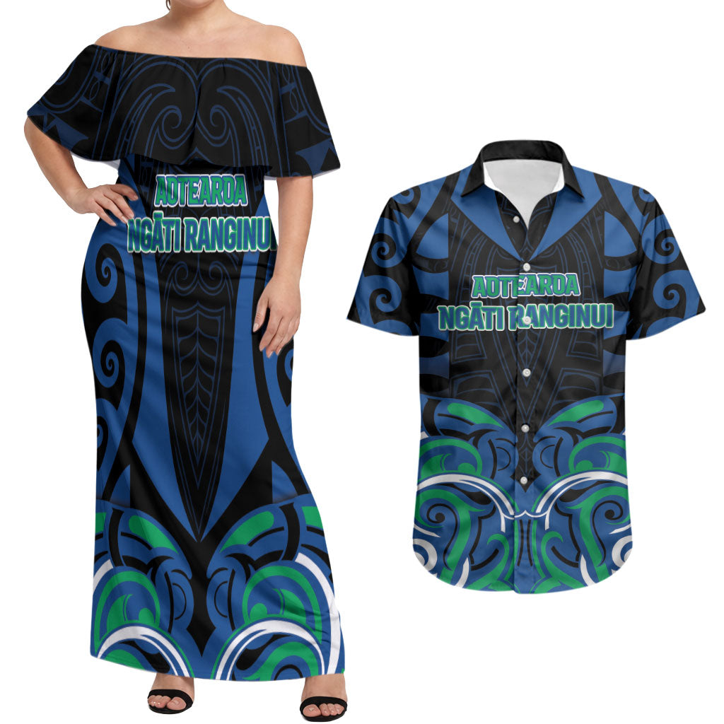 Custom Aotearoa Ngati Ranginui Couples Matching Off Shoulder Maxi Dress and Hawaiian Shirt New Zealand Traditional Maori Pattern DT05 Navy - Polynesian Pride