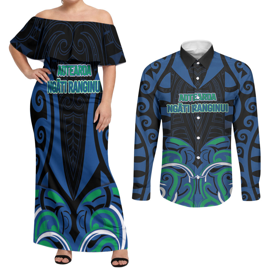 Custom Aotearoa Ngati Ranginui Couples Matching Off Shoulder Maxi Dress and Long Sleeve Button Shirt New Zealand Traditional Maori Pattern DT05 Navy - Polynesian Pride