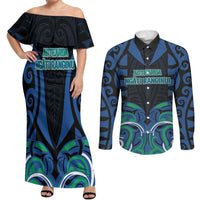 Custom Aotearoa Ngati Ranginui Couples Matching Off Shoulder Maxi Dress and Long Sleeve Button Shirt New Zealand Traditional Maori Pattern DT05 Navy - Polynesian Pride