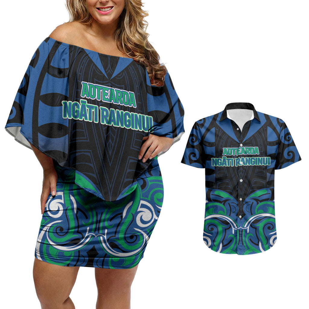 Custom Aotearoa Ngati Ranginui Couples Matching Off Shoulder Short Dress and Hawaiian Shirt New Zealand Traditional Maori Pattern DT05 Navy - Polynesian Pride