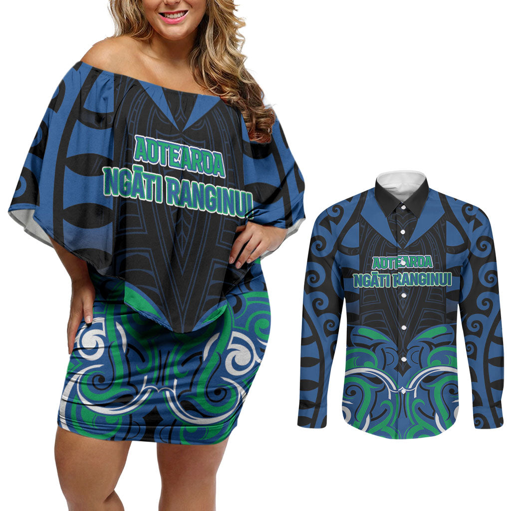 Custom Aotearoa Ngati Ranginui Couples Matching Off Shoulder Short Dress and Long Sleeve Button Shirt New Zealand Traditional Maori Pattern DT05 Navy - Polynesian Pride