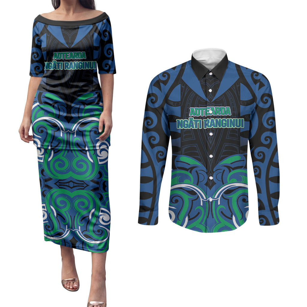 Custom Aotearoa Ngati Ranginui Couples Matching Puletasi and Long Sleeve Button Shirt New Zealand Traditional Maori Pattern DT05 Navy - Polynesian Pride