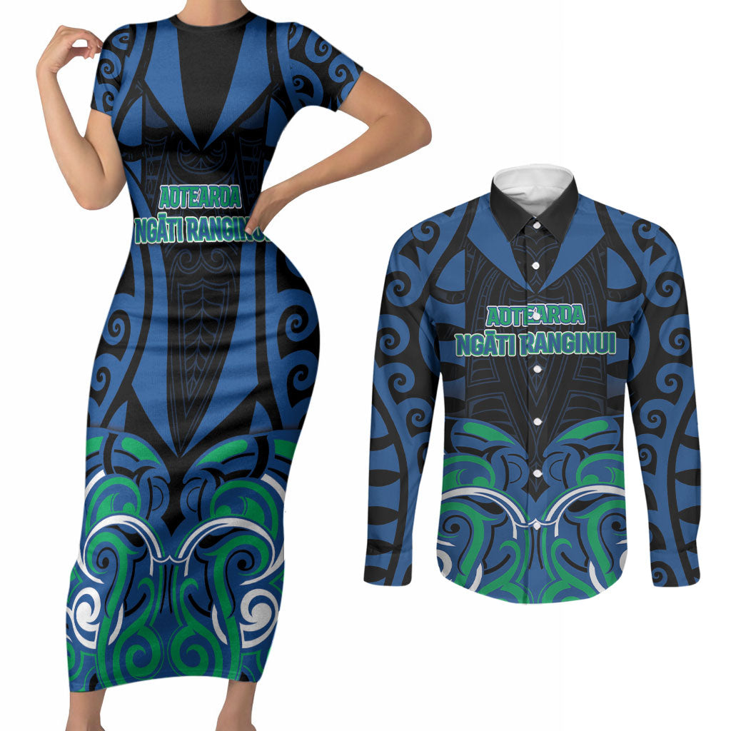 Custom Aotearoa Ngati Ranginui Couples Matching Short Sleeve Bodycon Dress and Long Sleeve Button Shirt New Zealand Traditional Maori Pattern DT05 Navy - Polynesian Pride