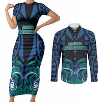 Custom Aotearoa Ngati Ranginui Couples Matching Short Sleeve Bodycon Dress and Long Sleeve Button Shirt New Zealand Traditional Maori Pattern DT05 Navy - Polynesian Pride