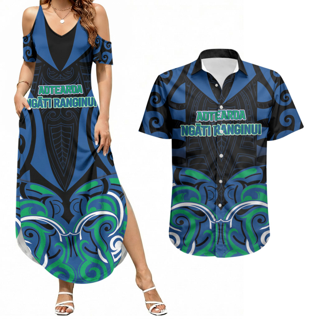Custom Aotearoa Ngati Ranginui Couples Matching Summer Maxi Dress and Hawaiian Shirt New Zealand Traditional Maori Pattern DT05 Navy - Polynesian Pride