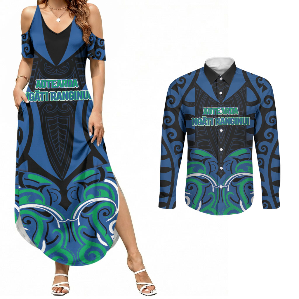 Custom Aotearoa Ngati Ranginui Couples Matching Summer Maxi Dress and Long Sleeve Button Shirt New Zealand Traditional Maori Pattern DT05 Navy - Polynesian Pride
