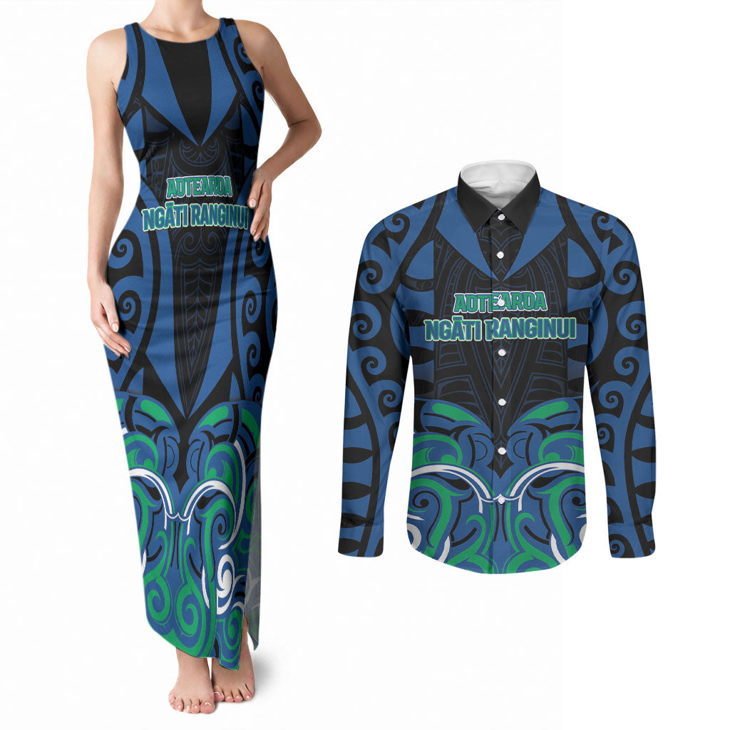 Custom Aotearoa Ngati Ranginui Couples Matching Tank Maxi Dress and Long Sleeve Button Shirt New Zealand Traditional Maori Pattern DT05 Navy - Polynesian Pride