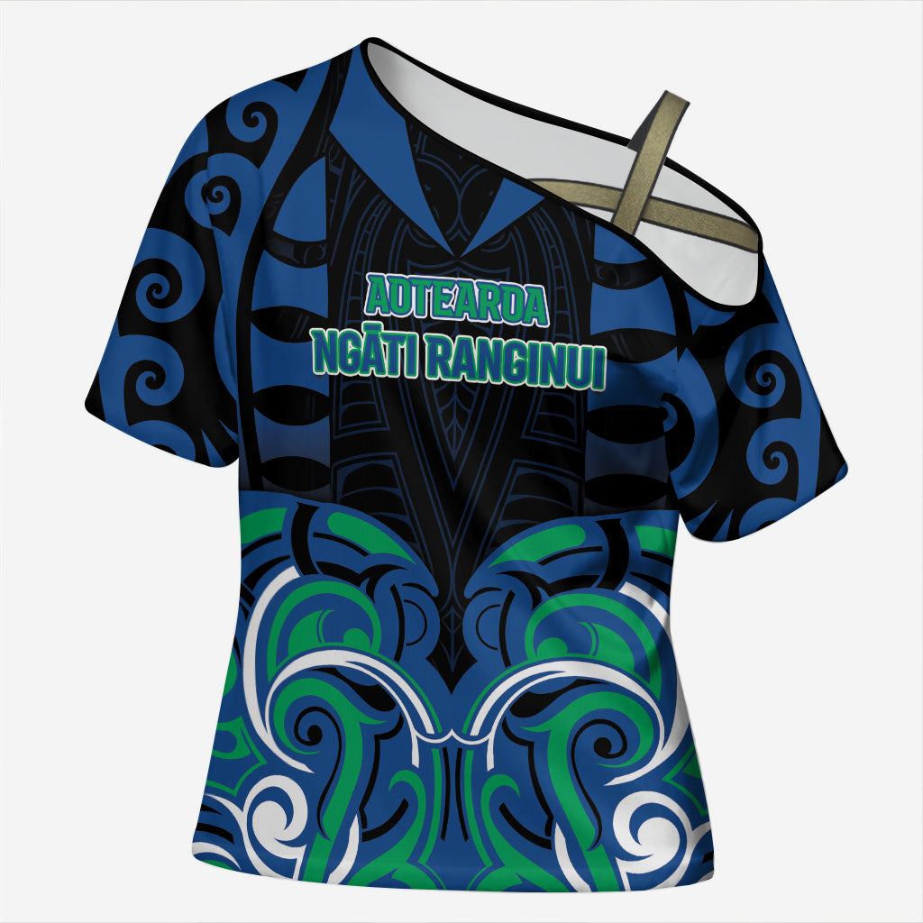 Custom Aotearoa Ngati Ranginui Cross Shoulder Shirt New Zealand Traditional Maori Pattern DT05 Female Navy - Polynesian Pride