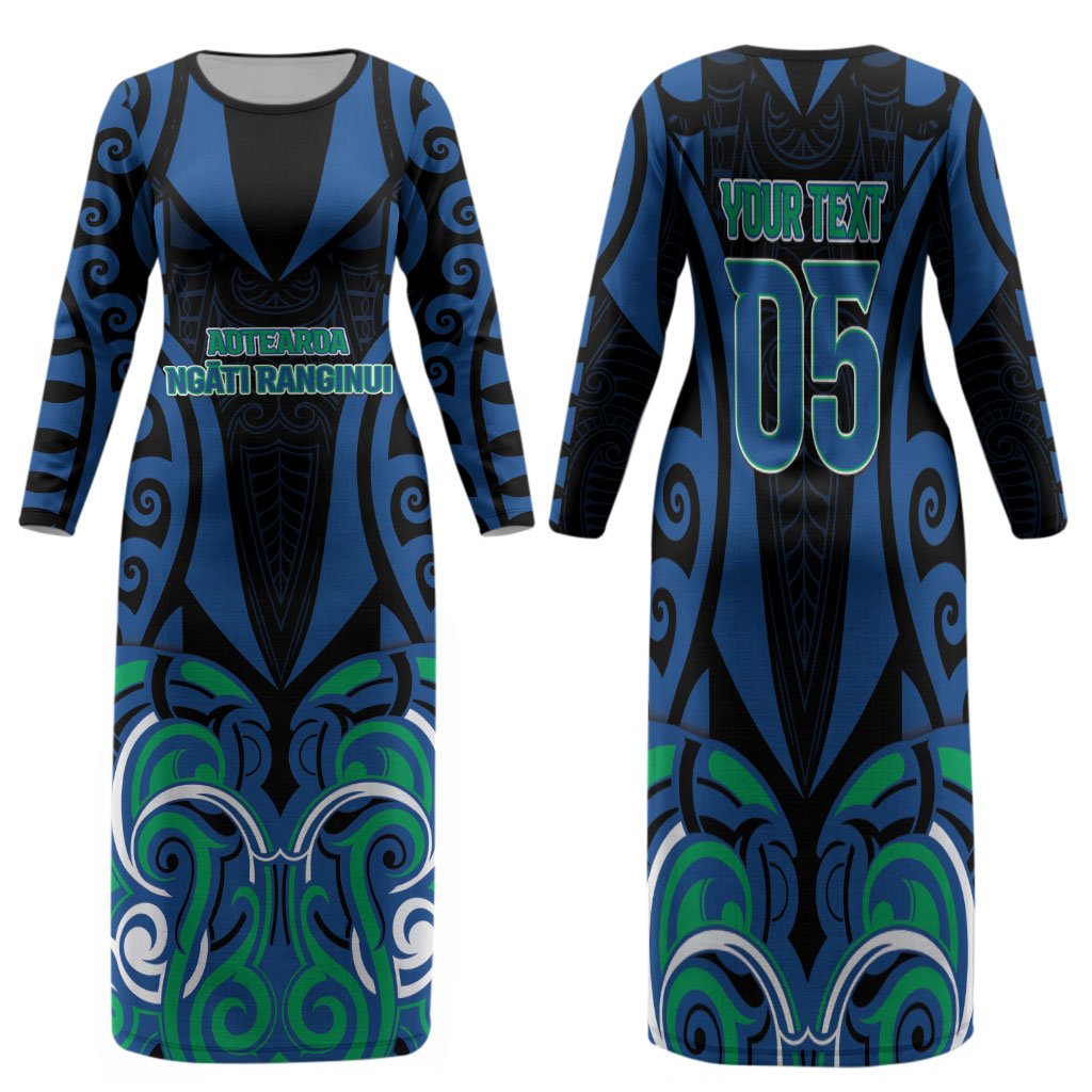 Custom Aotearoa Ngati Ranginui Family Matching Long Sleeve Bodycon Dress and Hawaiian Shirt New Zealand Traditional Maori Pattern DT05 Mom's Dress Navy - Polynesian Pride
