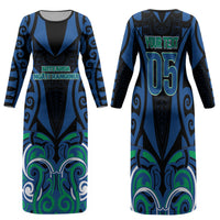 Custom Aotearoa Ngati Ranginui Family Matching Long Sleeve Bodycon Dress and Hawaiian Shirt New Zealand Traditional Maori Pattern DT05 Mom's Dress Navy - Polynesian Pride