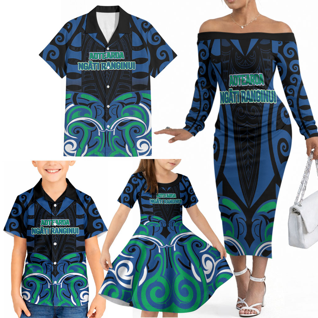 Custom Aotearoa Ngati Ranginui Family Matching Off The Shoulder Long Sleeve Dress and Hawaiian Shirt New Zealand Traditional Maori Pattern DT05 - Polynesian Pride