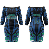 Custom Aotearoa Ngati Ranginui Family Matching Off The Shoulder Long Sleeve Dress and Hawaiian Shirt New Zealand Traditional Maori Pattern DT05 Mom's Dress Navy - Polynesian Pride